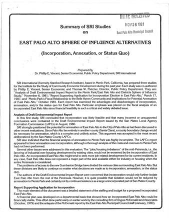 Summary of SRI Studies on East Palo Alto Sphere of Influence Alternatives (Incorporation, Annexation, or Status Quo)