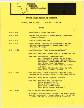 Nairobi College 20th Reunion and Conference Agenda