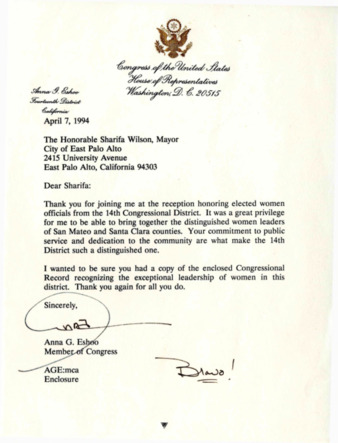 Tribute to the Distinguished Women Elected Officials of California's 14th Congressional District - Congressional Record and Letter