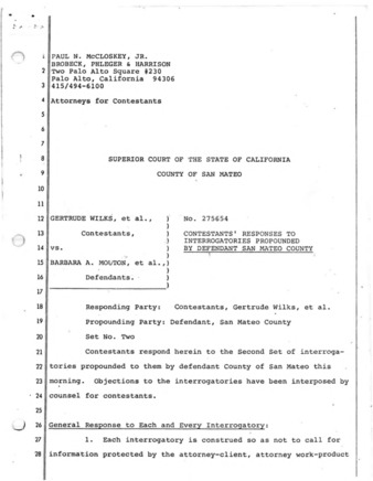 Contestants' Responses to Interrogatories Propounded by Defendant San Mateo County  for Gertrude Wilks, et al., vs. Barbara Mouton, et al.