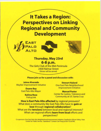Flyer for a panel discussion called  It Takes a Region: Perspectives on Linking Regional and Community Development