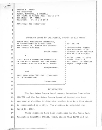 Proceedings from Menlo Park Annexation Committee's (MPAC) Challenge of the Upcoming Incorporation Election