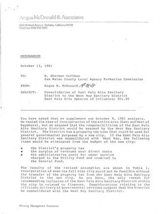 Memo from Angus McDonald about the Consolidation of East Palo Alto Sanitary District to the West Bay Sanitary District