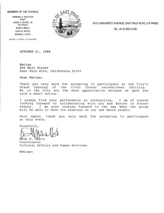 Letter from the City of East Palo Alto about Raices de Mexico Performing at the Opening Ceremony of the EPA Civic Center