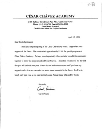 Letter to Raices de Mexico About 1996 Performance at  Cesar Chavez Academy