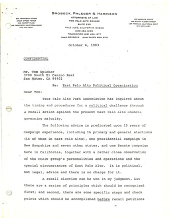 Letter from Pete McCloskey to Tom Spieker about East Palo Alto Political Organization