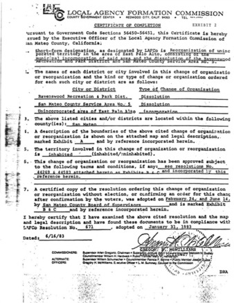 LAFCo Certificate of Completion for the Incorporation of East Palo Alto and the Dissolution of Service Area No. 5 and the Ravenswood Recreation & Park District
