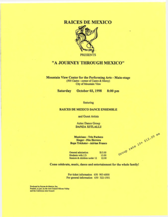 Flyers for Raices de Mexico's A Journey Through Mexico 1998