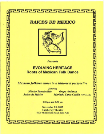 Program for Raices de Mexico's Evolving Heritage: Roots of Mexican Folk Dance 2003