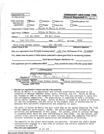1996 Application to the Arts Council of Santa Clara County Community Arts Fund