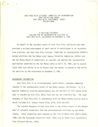 EPACCI Positioning Statement Calling for an Incorporation Election in East Palo Alto, California on November 3, 1981