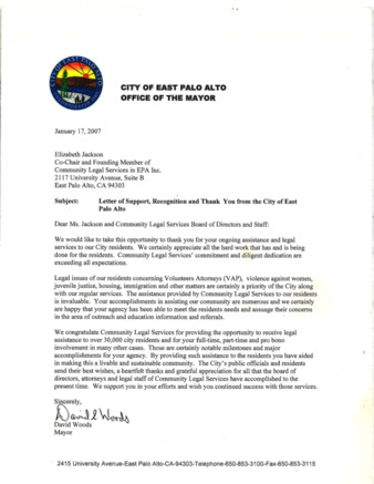 Letter of Support, Recognition and Thank You from the City of EPA to CLSEPA