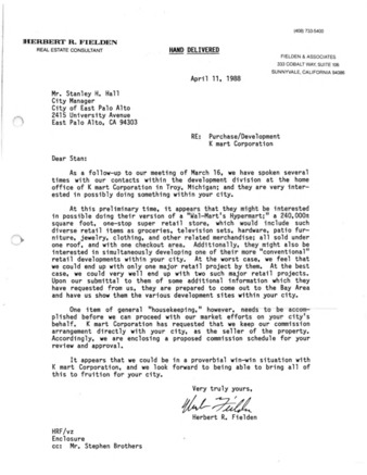 Letter from Herbert Fielden to Stanley Hall about K Mart coming to East Palo Alto