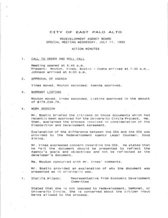 Action Minutes for the City of East Palo Alto Redevelopment Agency Board Special Meeting on the University Circle Redevelopment Project