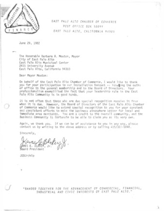Letters Between Mayor Mouton and James Blakey about the Installation Banquet for the EPA Chamber of Commerce