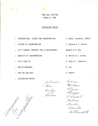 Town Hall Meeting on Incorporation Discussion Topics - March 8, 1982