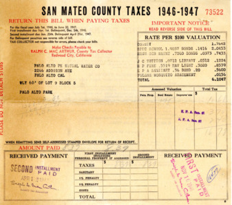 Palo Alto Park Mutual Water Co. County Tax Slips 1946-47