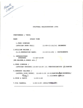 Performer and Tech Sheet for 1994 Cultural Kaleidoscope
