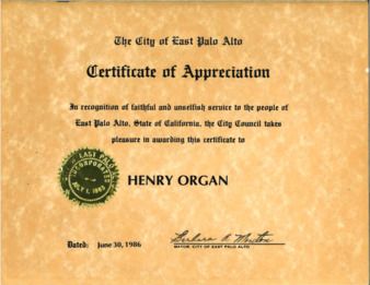 Certificate of Appreciation from the City of East Palo Alto